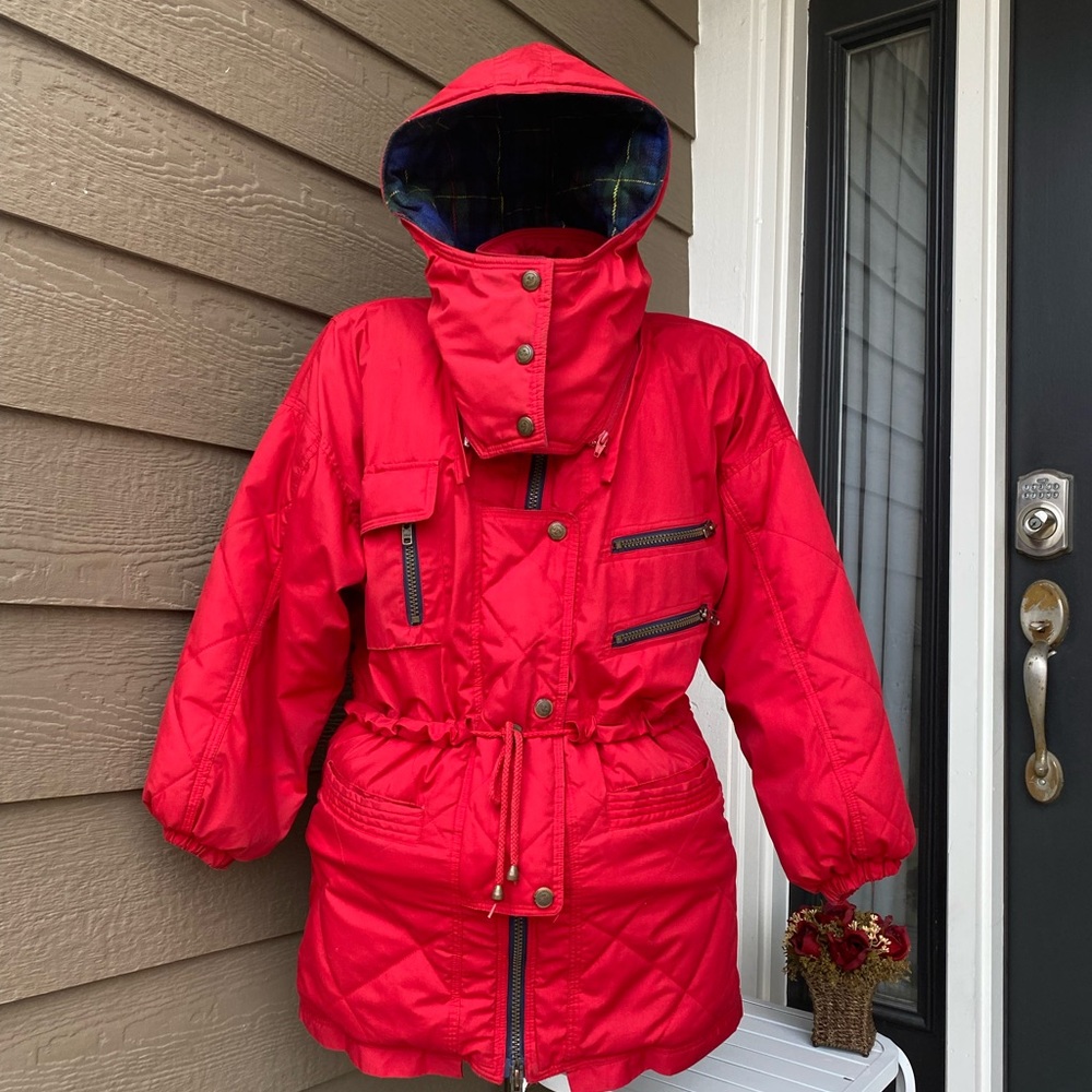 Womens Vtg 90s Express Athletique Red Down-Filled Parka Hooded Puffy Coat Zip